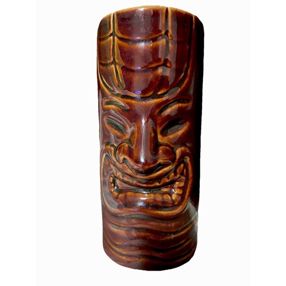 Vintage Ceramic Tiki Mug – Glossy Brown Sculpted Polynesian Face – Retro Barware - Picture 2 of 6